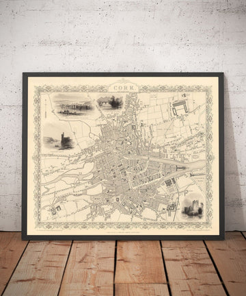 Ancienne carte de Cork, Irlande, 1851 par Tallis & Rapkin - Victorian Quartier, Central, Popes Quay, River Lee, Munster