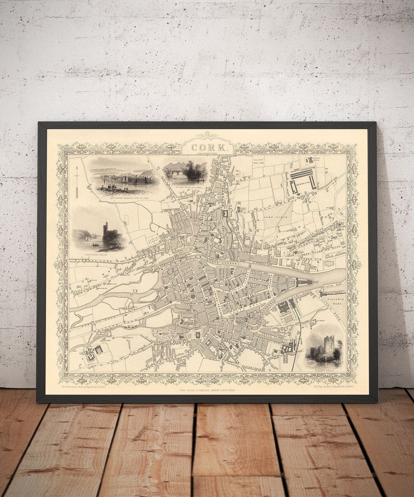 Mapa antiguo de Cork, Irlanda, 1851 de Tallis & Rapkin - Victorian Quarter, Central, Popes Quay, Río Lee, Munster