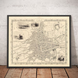 Mapa antiguo de Cork, Irlanda, 1851 de Tallis & Rapkin - Victorian Quarter, Central, Popes Quay, Río Lee, Munster