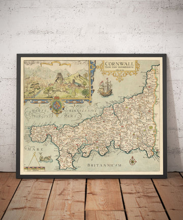 Viejo mapa de Cornwall en 1576 por Christopher Saxton - Penzance, St Ives, Plymouth, Lands Fin, Padstow, Monte de San Miguel, Lagarto