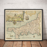 Viejo mapa de Cornwall en 1576 por Christopher Saxton - Penzance, St Ives, Plymouth, Lands Fin, Padstow, Monte de San Miguel, Lagarto