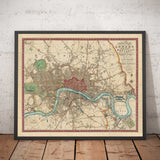 Old Map of London and Environs in 1822 by Thompson - Isle of Dogs, Bermondsey, Deptford, Covent Garden, Westminster