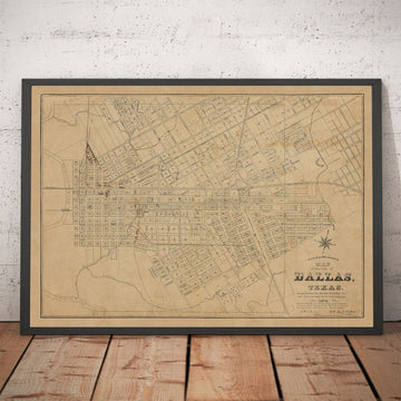 Ancienne carte de Dallas, Texas en 1878 par Jones & Murphy - Main St, Ellum, Downtown, Arts District, Bryan Place