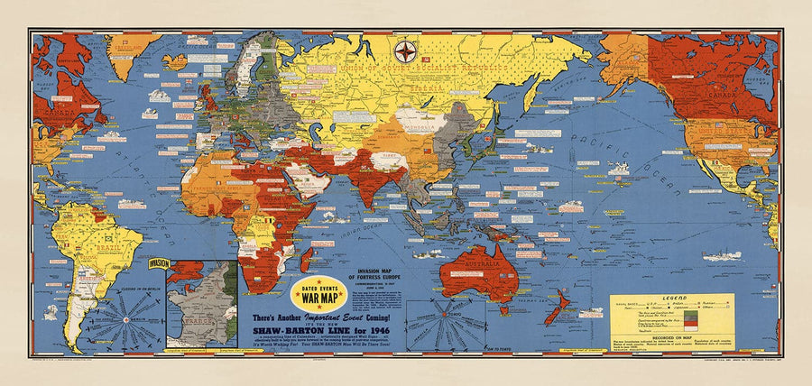 Alte Weltkrieg 2 Karte - "Datierte Ereignisse" WW2 Historische Bildungsdiagramm von Stanley Turner 