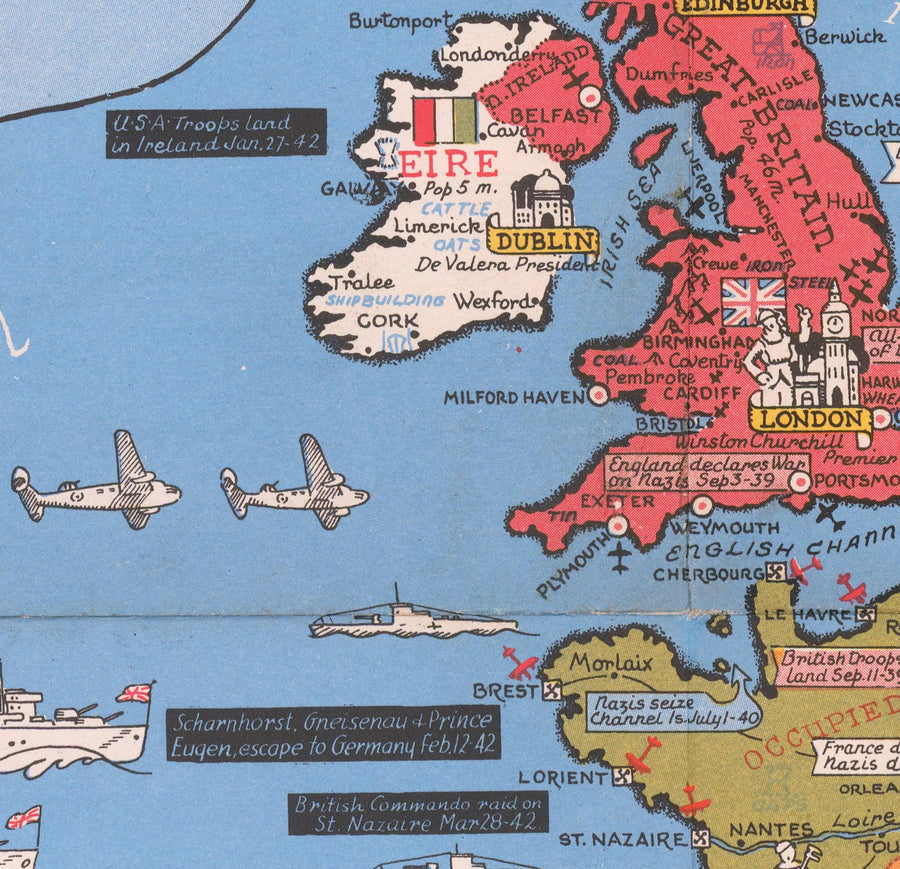 Alter Weltkrieg 2 Karte, 1942 von Stanley Turner - "Datierte Ereignisse" WW2 Geschichtsdiagramm 