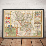Ancienne carte de Derbyshire, 1611 par John Speed ​​- Derby, Chesterfield, Buxton, Peak District