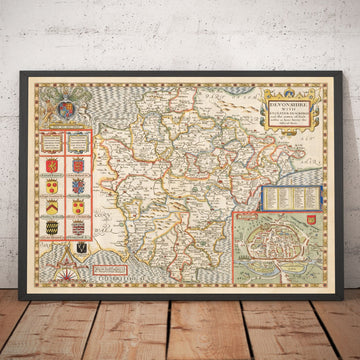 Mappa antica del Devon, 1611 di John Speed - Plymouth, Exeter, Torquay, Paignton 