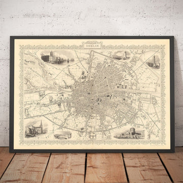 Alte Karte von Dublin, Irland, 1851 von Tallis & Rapkin - Zentrum, Temple Bar, Stoneybatter, Docklands, Liffey, Leinster 