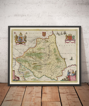 Mappa antica della Contea di Durham, 1665 di Joan Blaeu - Darlington, Stockton-on-Tees, Sunderland, Hartlepool, Newcastle, Gateshead 