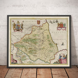 Ancienne Carte de County Durham, 1665 par Joan Blaaueu - Darlington, Stockton-On-Tees, Sunderland, Hartlepool, Newcastle, Gatlehead