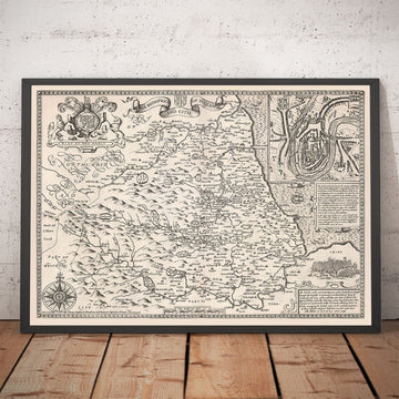 Vecchia mappa monocromatica della Contea di Durham, 1611 di John Speed - Darlington, Stockton-on-Tees, Sunderland, Newcastle 