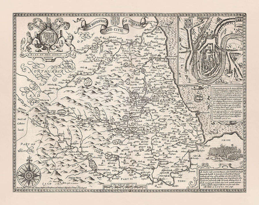 Alte monochrome Karte von County Durham, 1611 von John Speed - Darlington, Stockton-on-Tees, Sunderland, Newcastle 