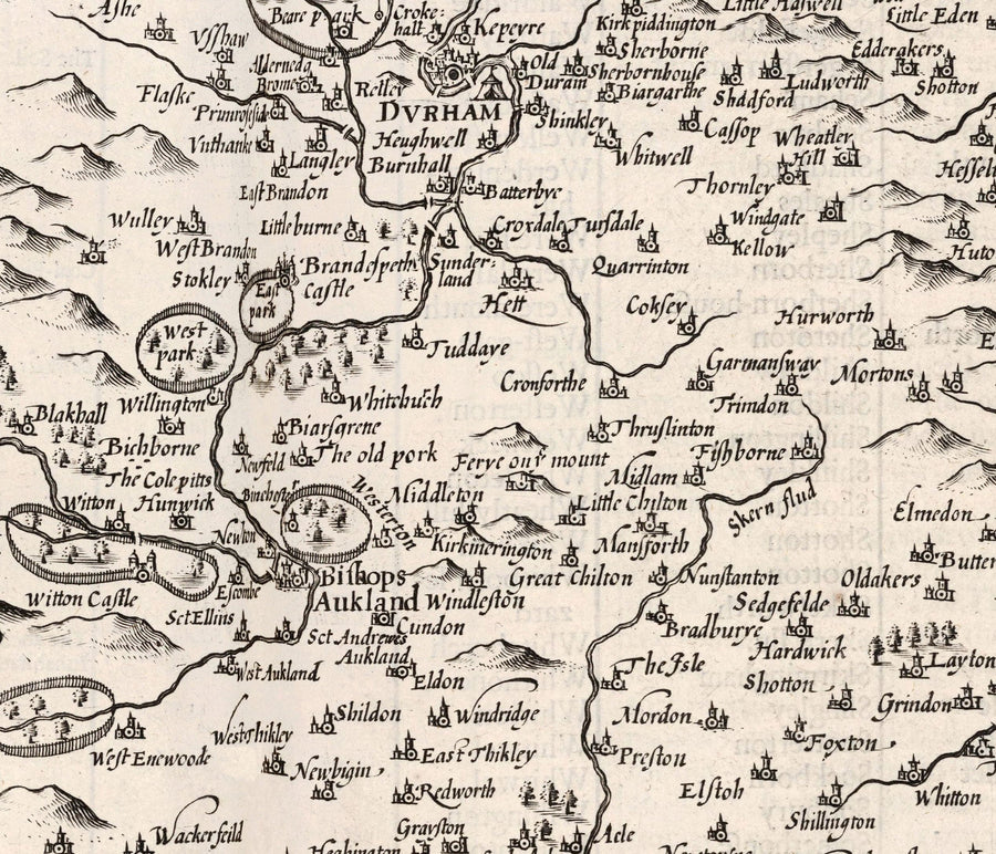 Alte monochrome Karte von County Durham, 1611 von John Speed - Darlington, Stockton-on-Tees, Sunderland, Newcastle 
