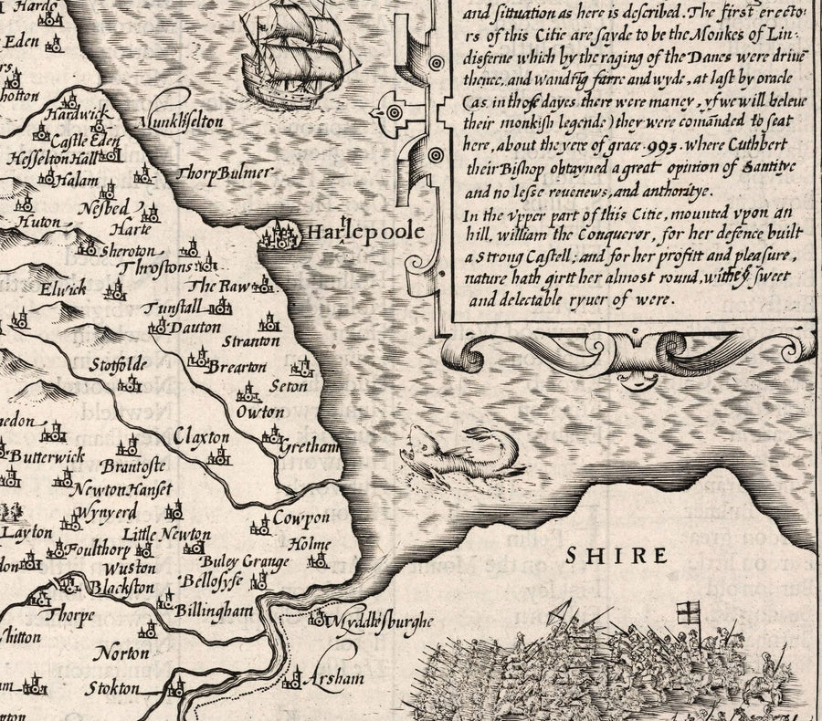 Alte monochrome Karte von County Durham, 1611 von John Speed - Darlington, Stockton-on-Tees, Sunderland, Newcastle 
