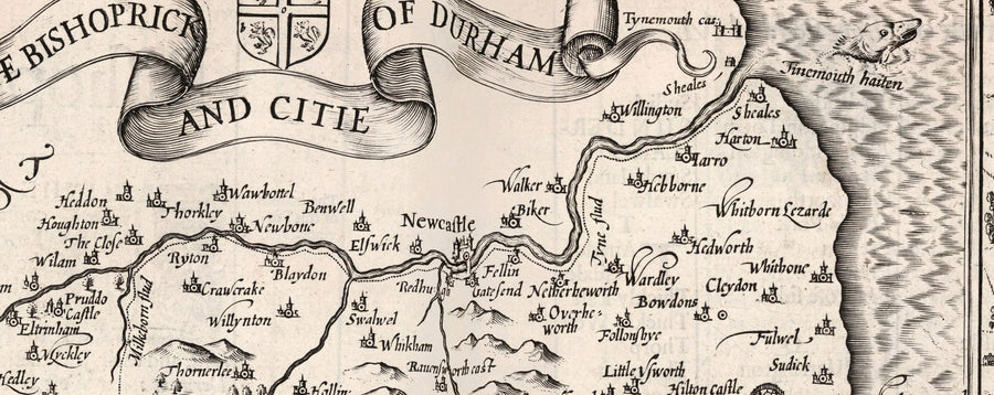 Alte monochrome Karte von County Durham, 1611 von John Speed - Darlington, Stockton-on-Tees, Sunderland, Newcastle 