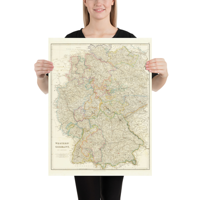 Mappa antica della Germania occidentale di John Arrowsmith nel 1862 - Berlino, Monaco, Stoccarda, Hannover, Norimberga, Francoforte 