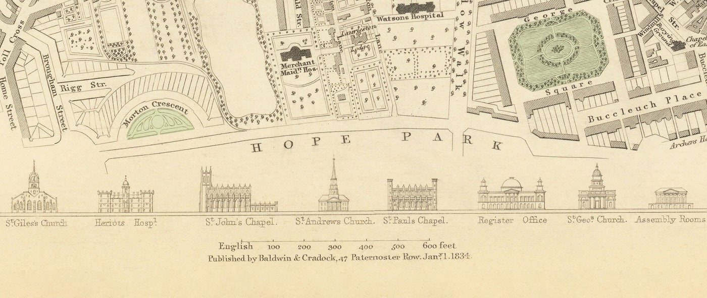 Ancienne carte d'Édimbourg, Écosse en 1834 par WB Clark
