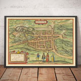 Old Map of Edinburgh, 1580 by Georg Braun - Castle, City Walls, St Giles Cathedral, Old Town