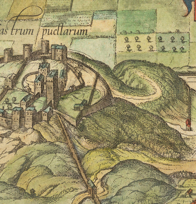 Mapa antiguo de Edimburgo, 1580 por Georg Braun - Castillo, Murallas de la ciudad, Catedral de San Giles, Ciudad Vieja