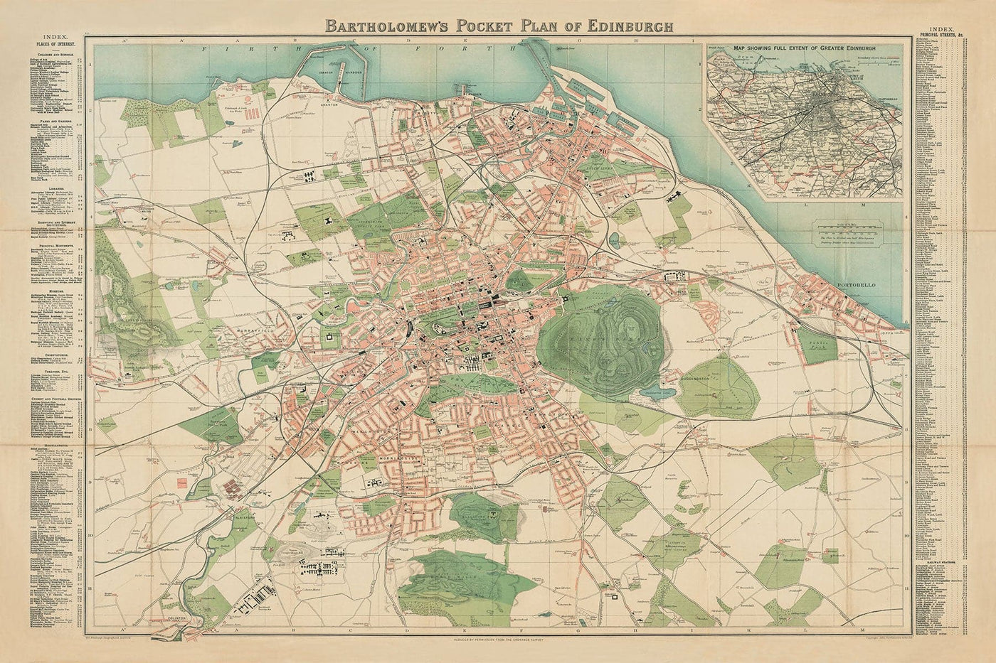 Ancienne carte rare d'Edimbourg - Plan de poche de Bartholomew, 1921 - Leith, Murrayfield, Portobello, Morningside
