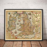 Antica mappa a colori dell'Inghilterra e dell'Irlanda del 1605 di Abraham Ortelius - Storia e albero genealogico della monarchia - Stuarts, Tudors, Plantageneti 