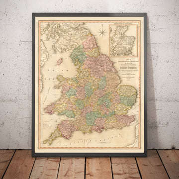 Mapa antiguo de Gran Bretaña, 1801 por Faden - Inglaterra, Gales, Escocia, Carreteras, Canales, Entrenador de correo