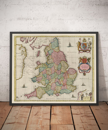 Alte Karte von England und Wales aus dem Jahr 1665 von Joan Blaeu - Seltene Karte mit alten Grafschaften 