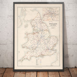 Mappa ferroviaria antica dell'Inghilterra e del Galles del 1881 di AK Johnston - Great Western, Eastern, Northern, Midland, London e North Western 