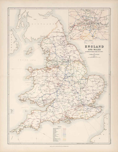 Antiguo mapa ferroviario de Inglaterra y Gales en 1881 por AK Johnston - Great Western, Eastern, Northern, Midland, London & North Western