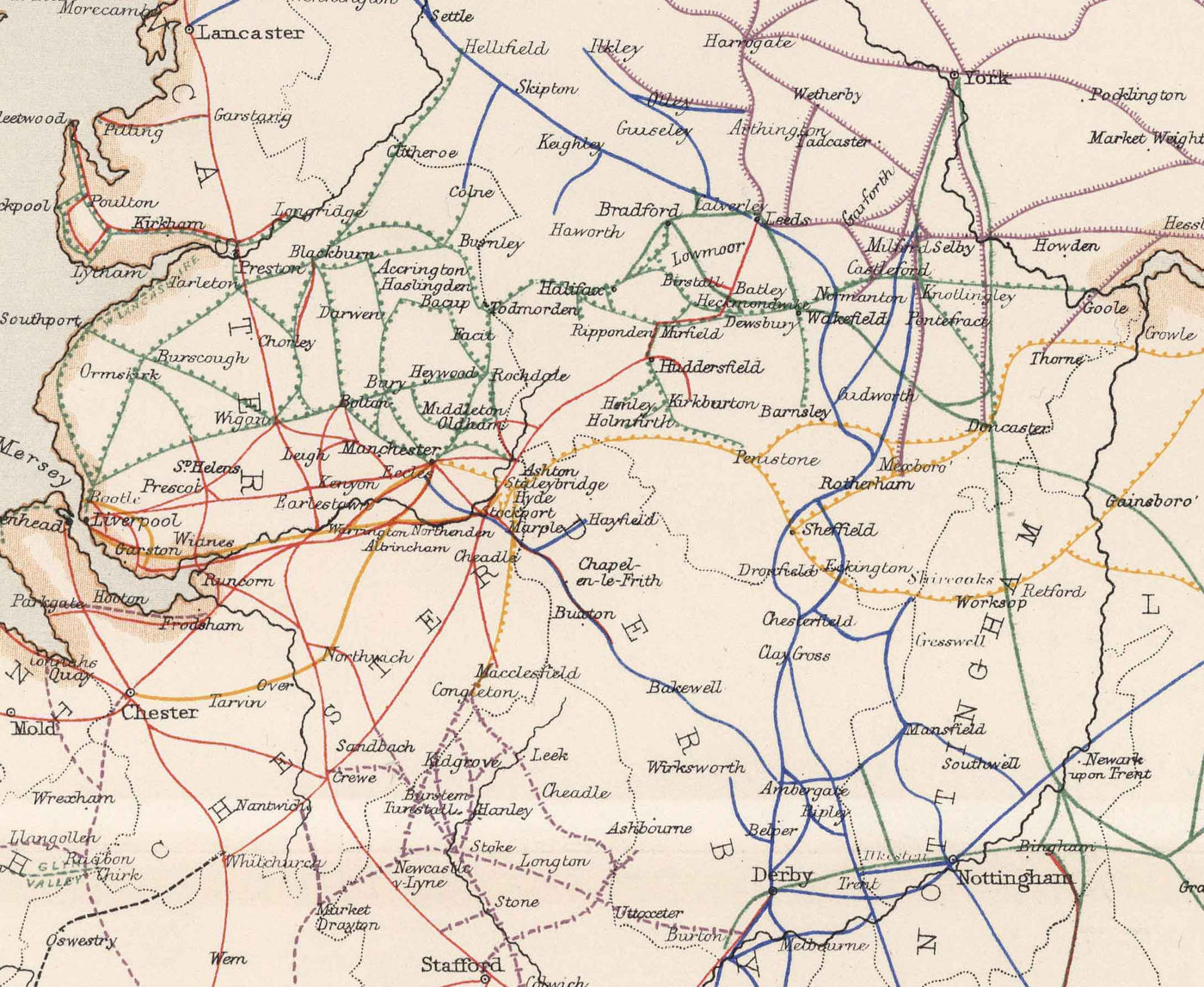 Antiguo mapa ferroviario de Inglaterra y Gales en 1881 por AK Johnston - Great Western, Eastern, Northern, Midland, London & North Western