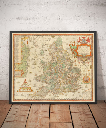 Mapa antiguo de Inglaterra y Gales, 1579 de Christopher Saxton - primer mapa impreso de Islas Británicas