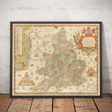 Antica mappa dell'Inghilterra e del Galles, 1579 di Christopher Saxton - Prima mappa stampata delle Isole Britanniche 