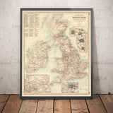 Viejo Mapa de Ferrocarriles y Canales en Islas Británicas 1872 de Fullarton - Mapa de trenes de color de Inglaterra, Irlanda, Escocia, Gales