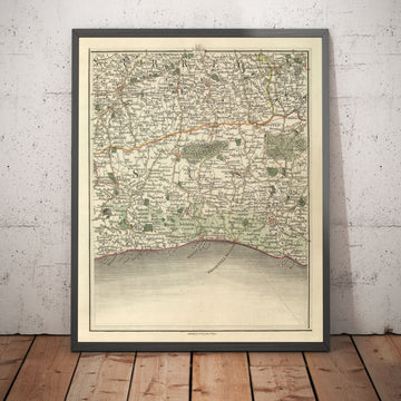 Ancienne carte du Sussex et du Surrey en 1794 par John Cary - Brighton, Dorking, Lewes, East Grinstead, Crawley