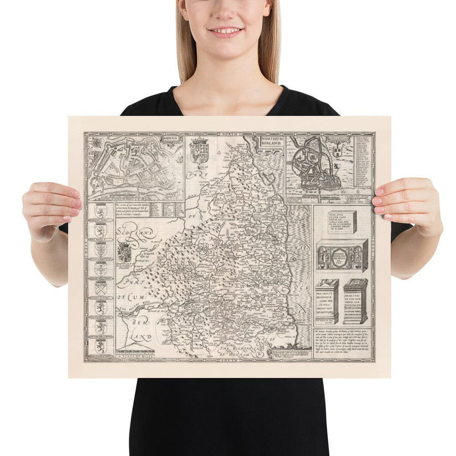 Old Map of Northumberland in 1611 - Newcastle, Gateshead, Hadrian&