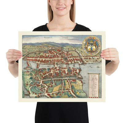 Viejo mapa de Zurich, Suiza 1638 de Matthaus Merian - Lago Zurich, Río Limmat, Canales, Paredes del castillo, Escudo de armas