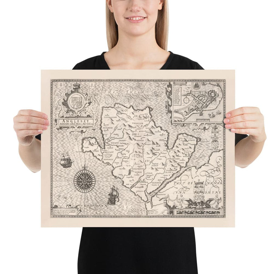 Old Monochrome Map of Anglesey, Wales, 1611 by John Speed - Holyhead, Llanfairpwllgwyngyll, Bangor