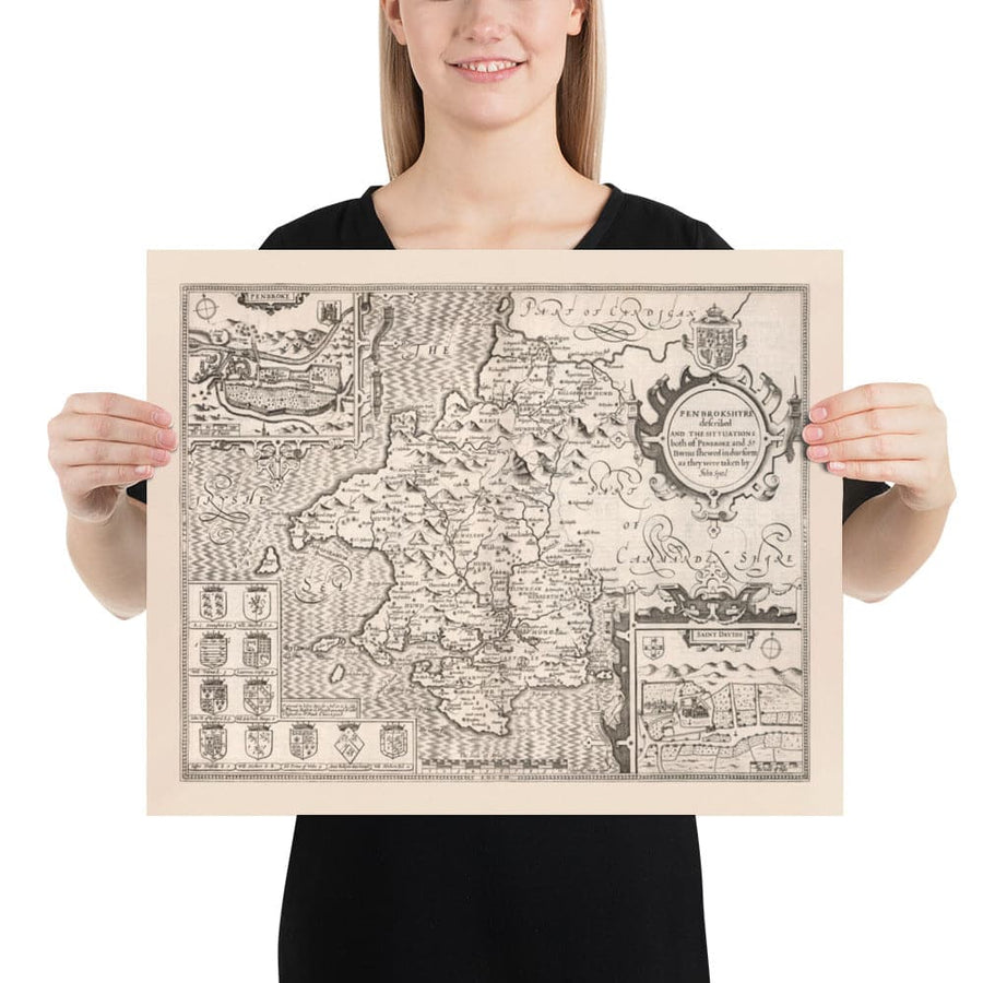 Alte monochrome Karte von Pembrokeshire, Wales 1611 John Speed - Haverfordwest, St Davids, Fishguard, Südwest 