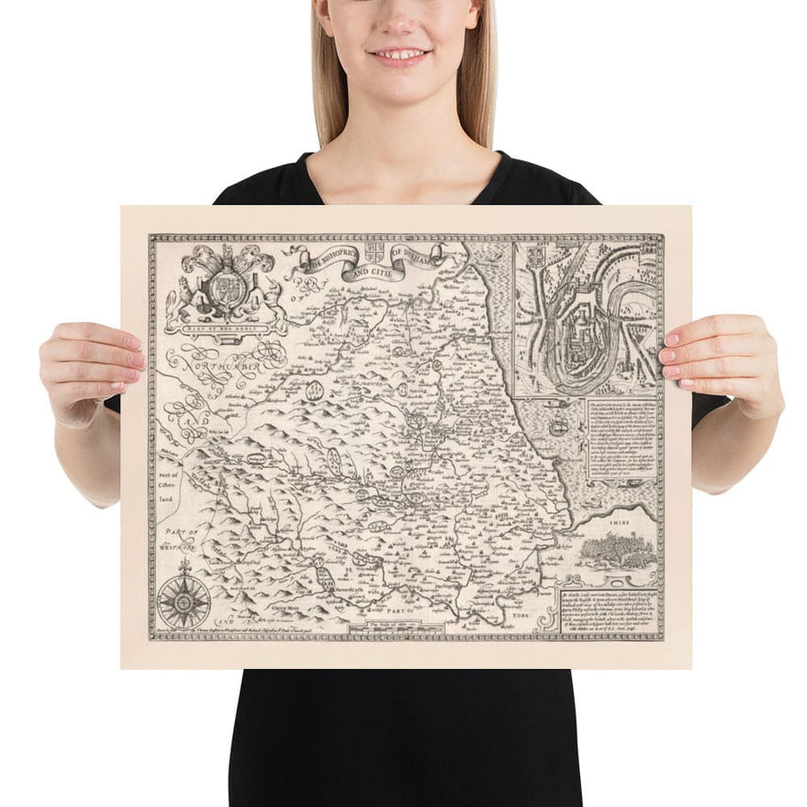 Alte monochrome Karte von County Durham, 1611 von John Speed - Darlington, Stockton-on-Tees, Sunderland, Newcastle 