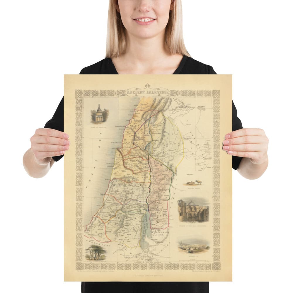 Ancienne carte de la Palestine antique en 1851 - Terre Sainte, Canaan, Jérusalem, Judée, Samarie, Galilée, Israël, Cisjordanie, Gaza