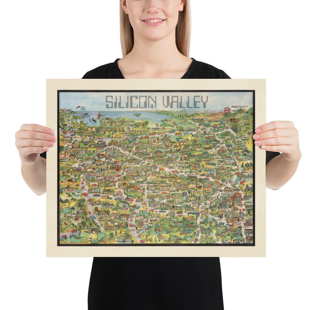 Mapa antiguo de Silicon Valley, 1982 - Gráfico pictórico de MountainView, Sunnyvale, Cupertino, San Jose, Fremont