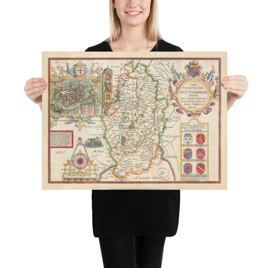 Old Map of Nottinghamshire, 1611 by John Speed - Nottingham, Mansfield, Newark, Worksop