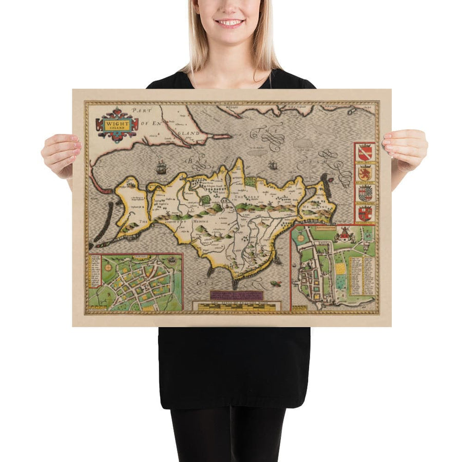 Alte Karte der Isle of Wight, 1611 von John Speed - Newport, Ride, Cowes, Sandown, Shanklin 