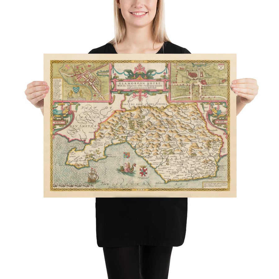 Old Map of Glamorgan Wales, 1611 by John Speed - Cardiff, Swansea, Bridgend, Port Talbot, Barry