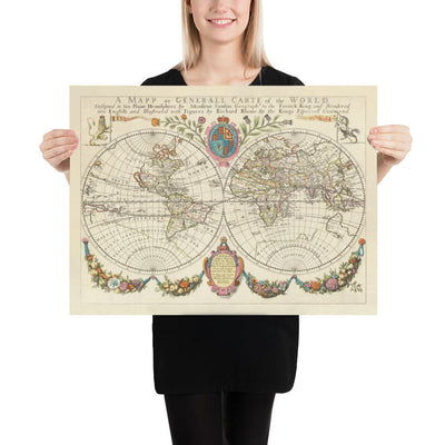 Carte ancienne du monde de 1671 par Richard Blome - Premier tableau mural de l'Atlas anglais