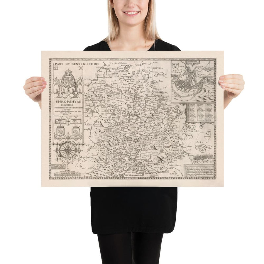 Old Map of Shropshire in 1611 by John Speed - Shrewsbury, Telford, Bridgnorth, Oswestry, Newport, Ludlow