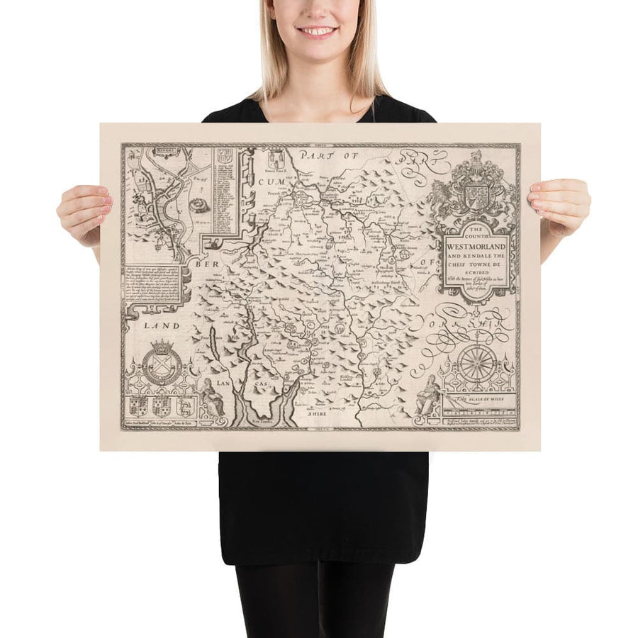 Vecchia mappa monocromatica del Westmorland, 1611 di John Speed - Lago di District, Cumbria, Kendal, Windermere, Grasmere 
