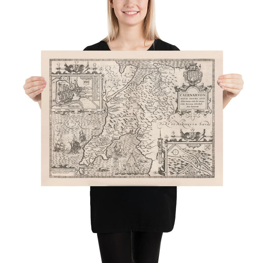 Vecchia mappa monocromatica di Caernarfonshire, Galles, 1611 di John Speed - Caernarfon, Snowdon, Gwynedd, Bangor, Conwy, Llandudno 