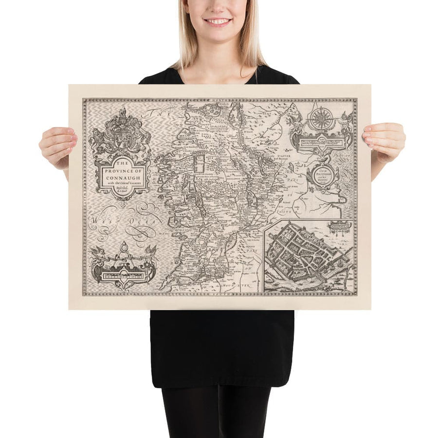 Alter monochromer Plan von Connacht, Irland 1611 von John Speed - Galway, Sligo, Mayo, Leitrim, Clare 