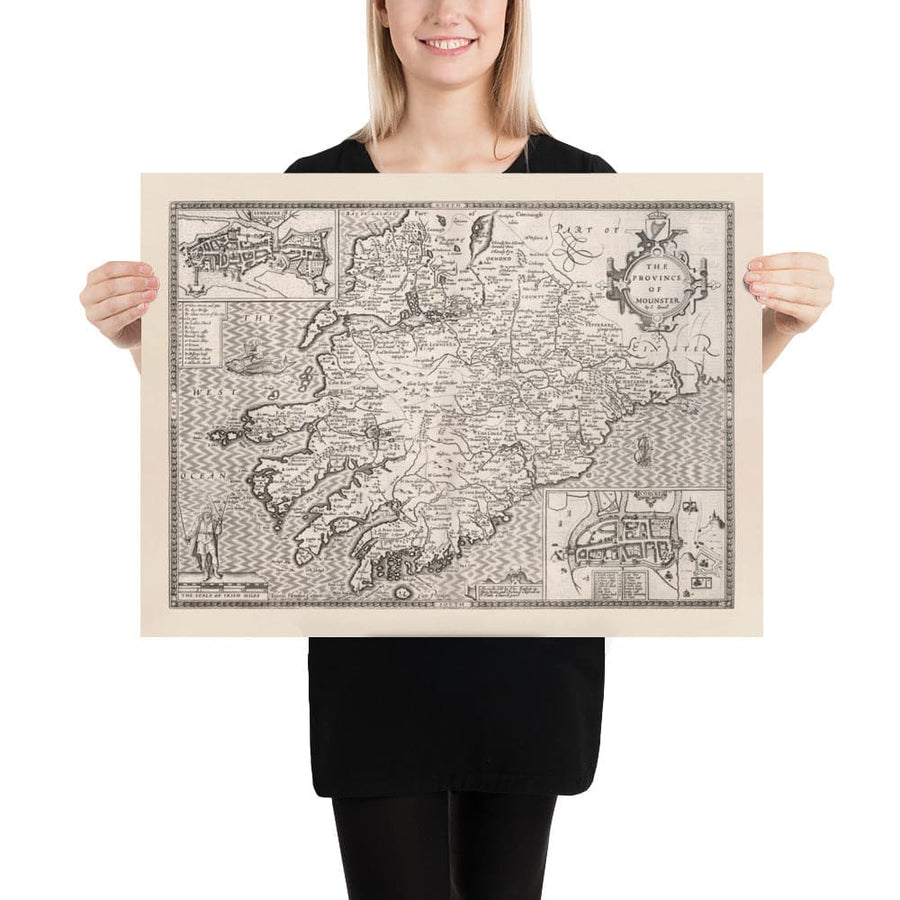 Alte monochrome Karte von Münster, Irland aus dem Jahr 1611 von John Speed - County Cork, Clare, Kerry, Limerick, Tipperary, Waterford, Dingle 